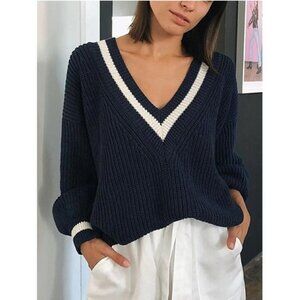 Commense V-Neck Contrast Trim Sweater NWT, Size S - Oversized